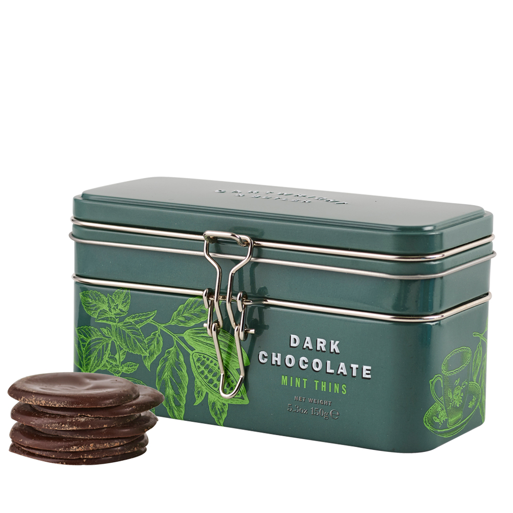 Cartwright & Butler Tenká čokoládová kolečka tmavé čokolády s mátou, kovová dóza, 150 g 5263