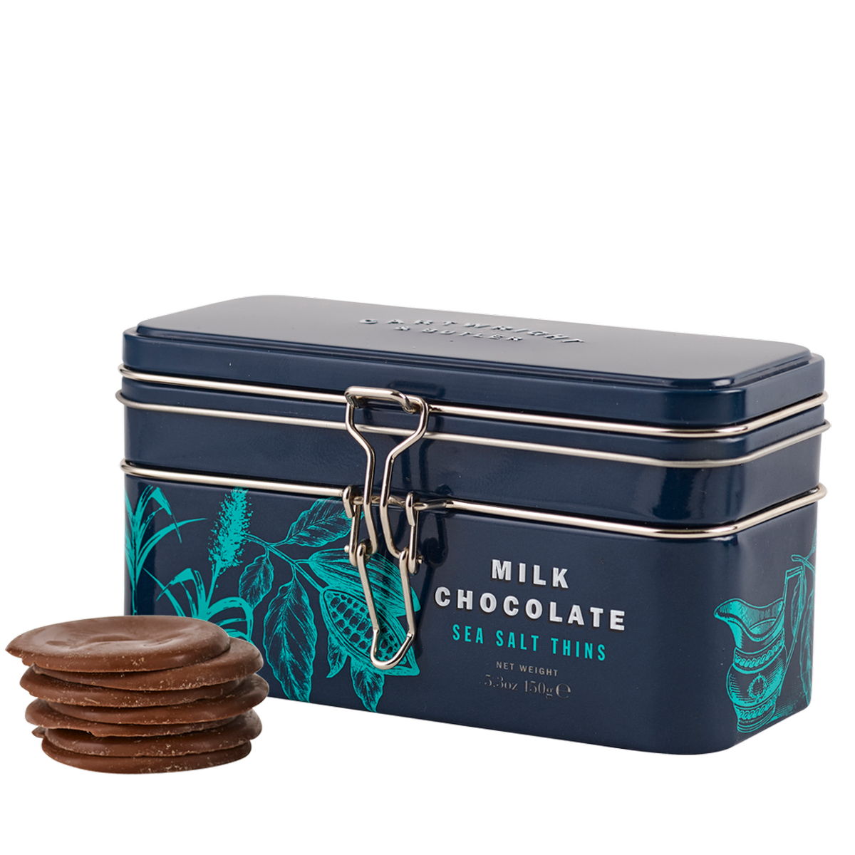 Cartwright & Butler Tenká čokoládová kolečka mléčné čokolády s mořskou solí, kovová dóza, 150 g 5264