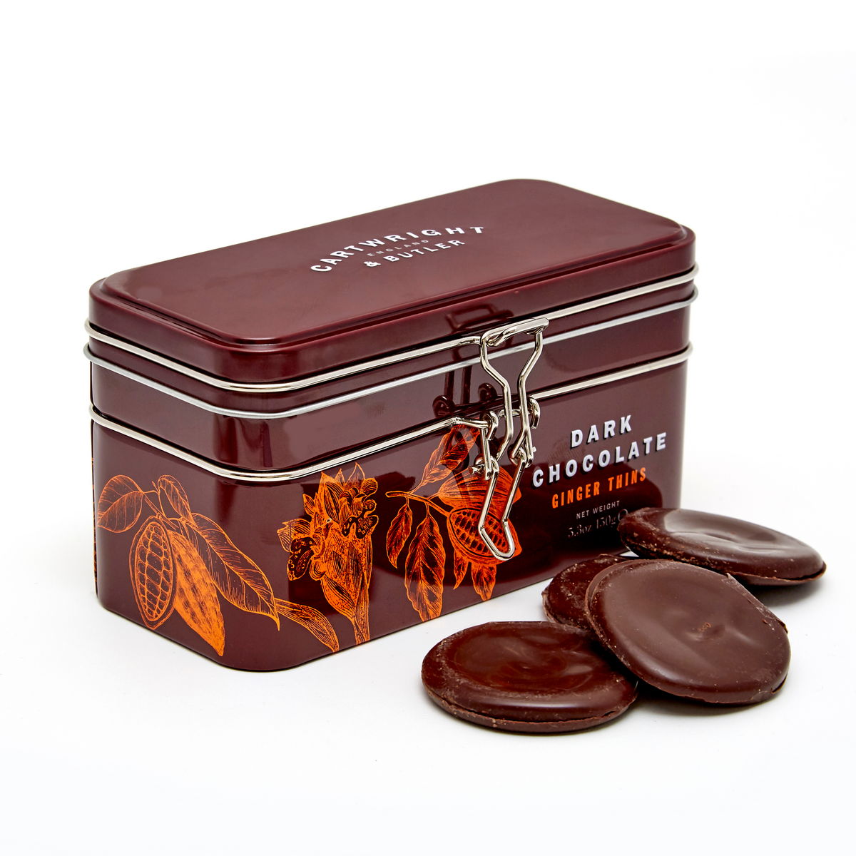 Cartwright & Butler Tenká čokoládová kolečka tmavé čokolády se zázvorem, kovová dóza, 150 g 5283