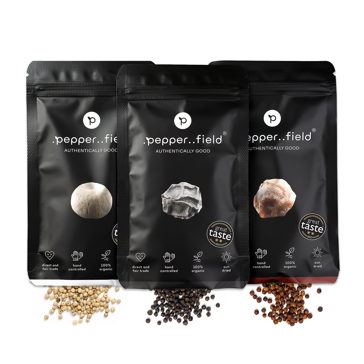 Pepperfield Sada kampotských pepřů - černý, červený, bílý - 3 x 50 g DOY-SET-3X50-GIFT-CZ