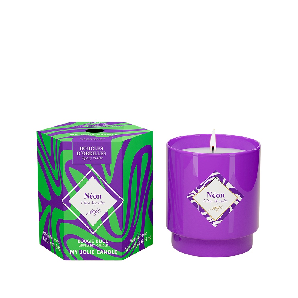 My Jolie Candle Vonná svíčka Neon Ultra Blueberry s fialovými náušnicemi, 180 g 320503