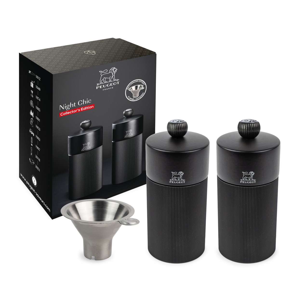 Peugeot Set mlýnků na sůl a pepř Line carbon, 12 cm + trychtýřek na koření 43285