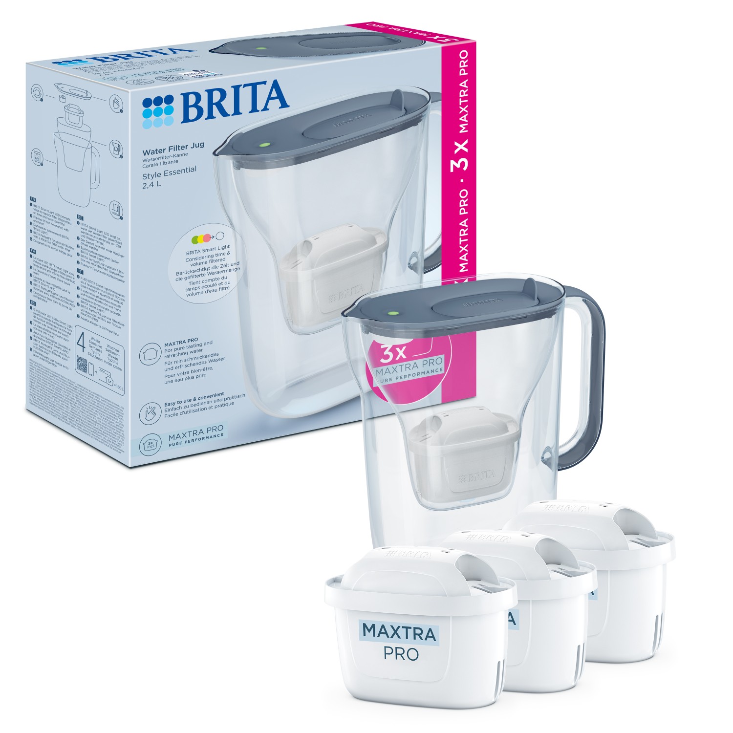 Brita Filtrační konvice Style Essential se 3 filtry Maxtra Pro Pure Performance, 2, 4 l, šedomodrá 1058103