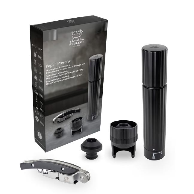 Peugeot Dárková sada Pop‘n Preserve: ruční pumpička na víno a šampaňské + someliérská vývrtka + zátky na vín 210946